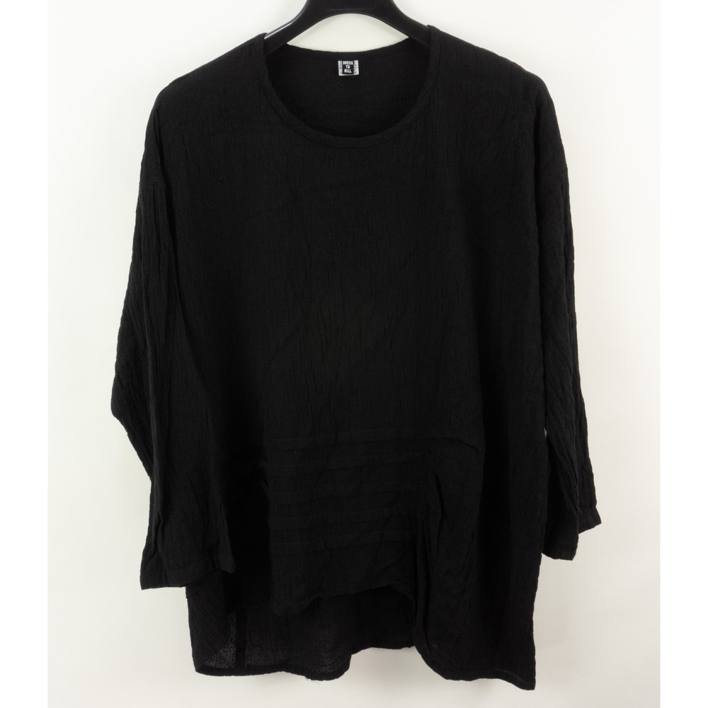 Dress To Kill Crinkle Cotton Tunic Top Black High-Low Hem Round Neck One Size